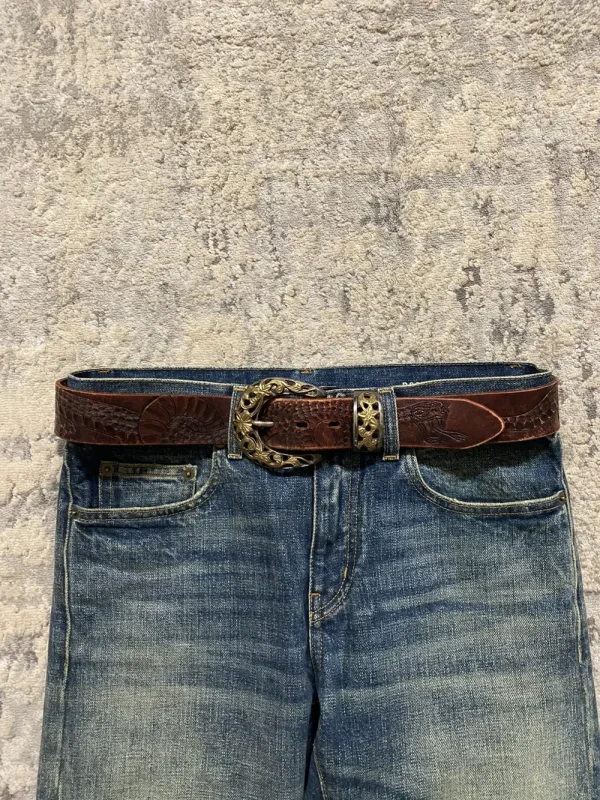 Yasuyuki Ishii - Brown Leather Studded Snake Embossed Belt 30-34