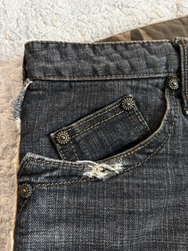 Obelisk – Black Fringe Distressed Flare Curved Denim10