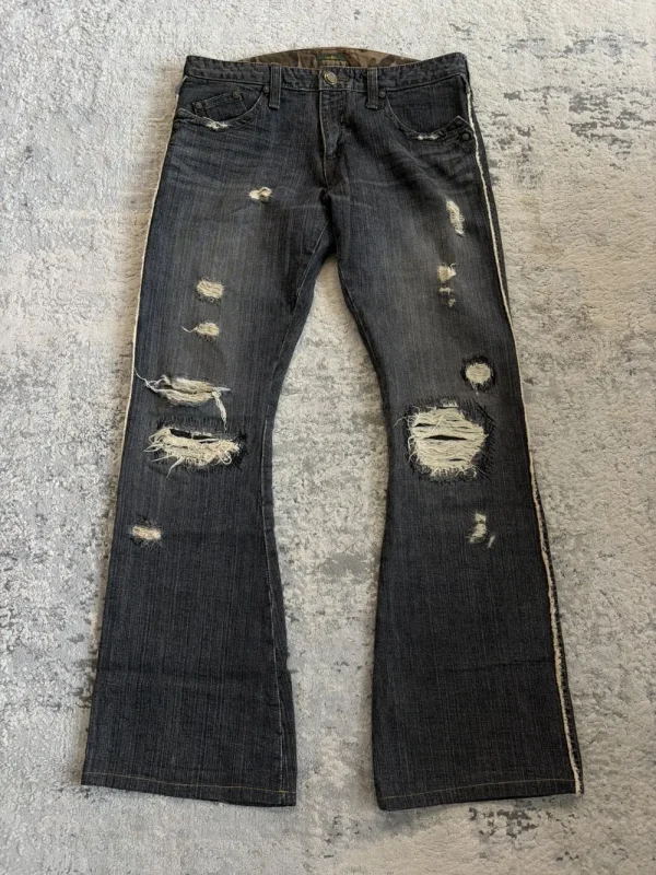 Obelisk - Black Fringe Distressed Flare Curved Denim 32x33